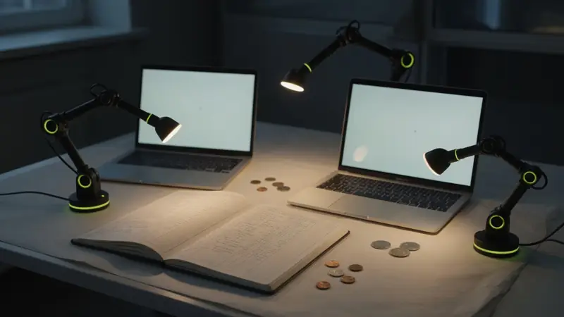 Illustration of an empty night desk where laptops and lamps work without people
