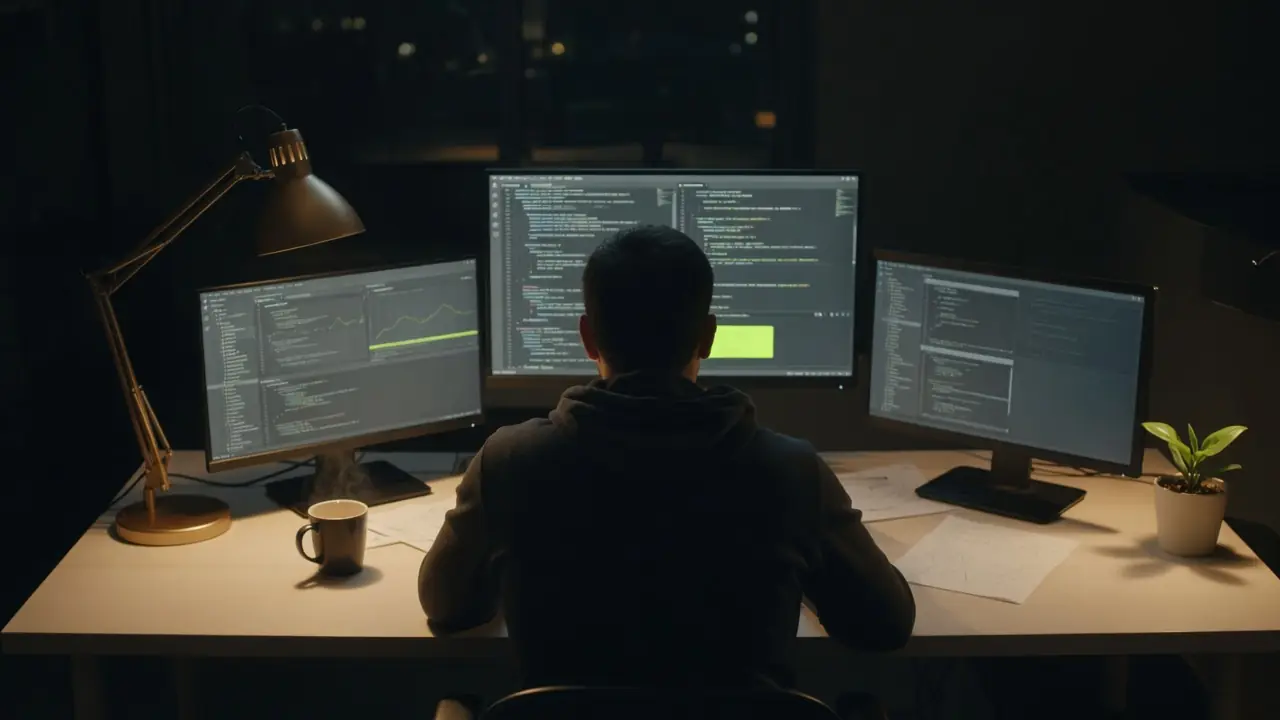 Illustration: a person seen from behind at a late-night desk with three monitors