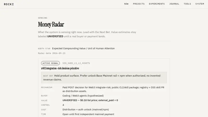 Screenshot of the Money Radar page
