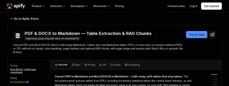 Screenshot of the PDF and DOCX to Markdown listing on the Apify Store